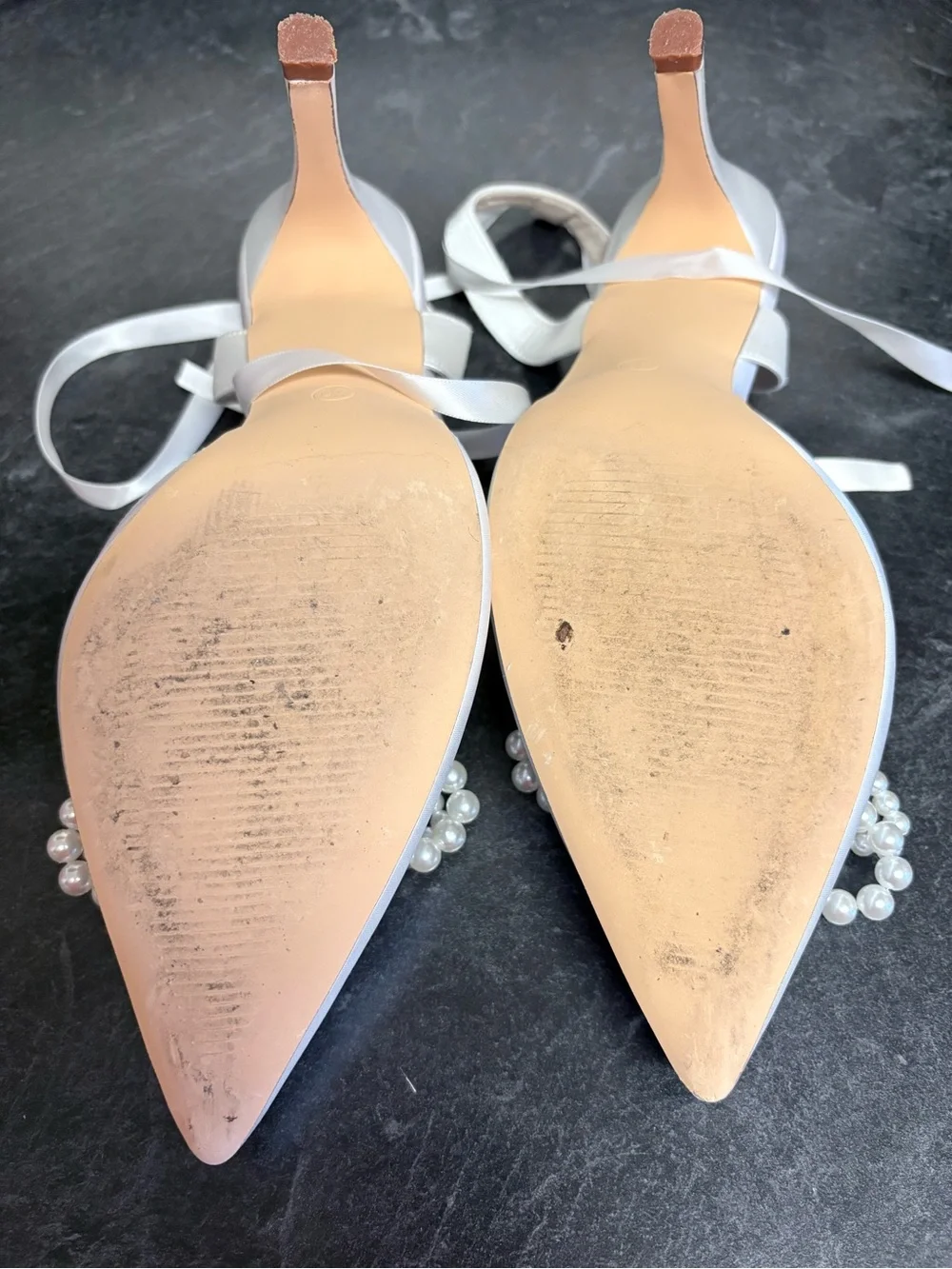 Pearl-Embellished Satin Pointed-Toe Pumps.